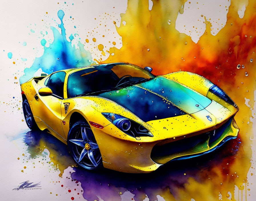 Colorful Watercolor Painting of Yellow Sports Car with Blue and Orange Background