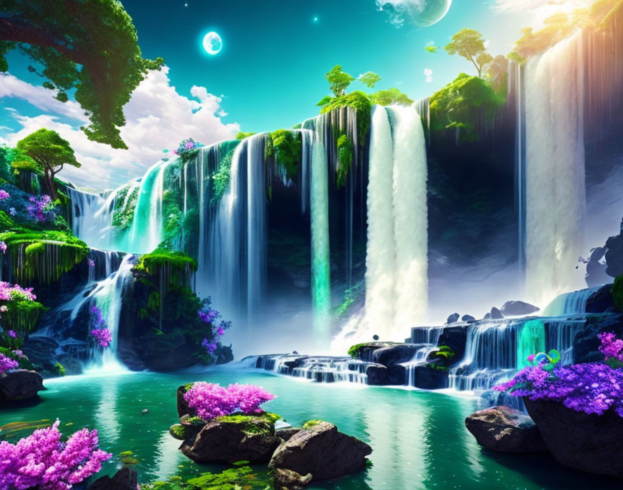 Lush Greenery, Cascading Waterfalls, Purple Flowers, Two Moons