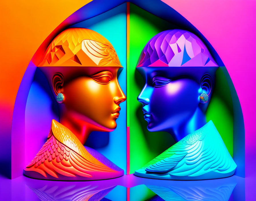 Colorful digital art featuring stylized faces in profile with geometric background blending ancient Egyptian and modern design