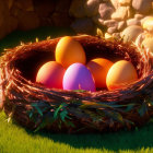 Vibrant Easter eggs in twig nest on green grass