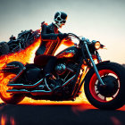 Flaming motorcycle rider on desolate road at dusk