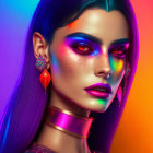 Vibrant woman with bold makeup and statement accessories on colorful background