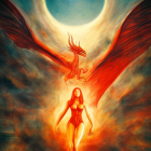 Surreal painting of woman with fiery phoenix wings under glowing halo