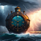 Clock-like structure floating on stormy seas under dark, lightning-streaked sky