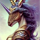 Fantasy illustration of elegant dragon in golden armor with purple flowers under starry sky