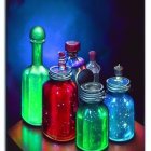 Colorful Glowing Bottles Illuminate Dark Background