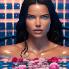 Woman with Wet Hair and Blue Eyes Emerging from Pool with Pink Rose Petals