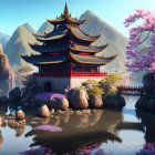 Traditional multi-tiered pagoda in serene landscape with cherry blossoms, lake, bridge, and water