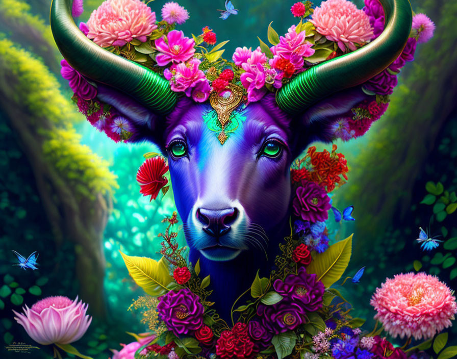 Vibrant mystical bull with floral horns in enchanted forest illustration