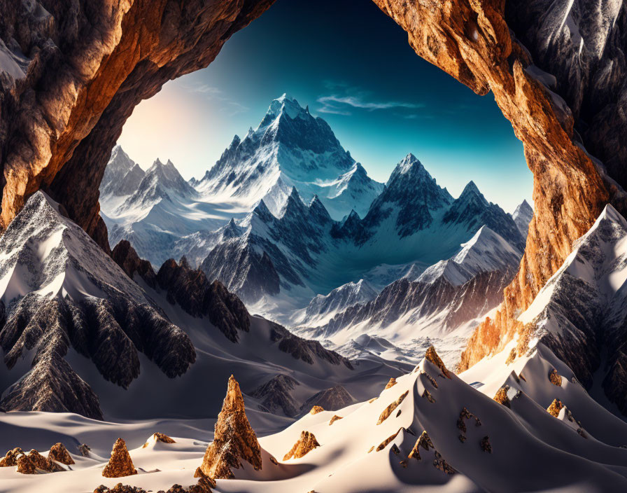 Snowy mountain range under blue sky viewed from cave opening