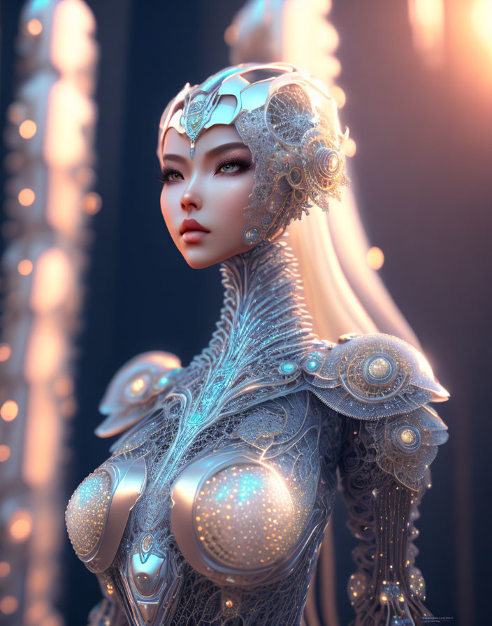 Fantasy digital artwork of female figure in elaborate armor