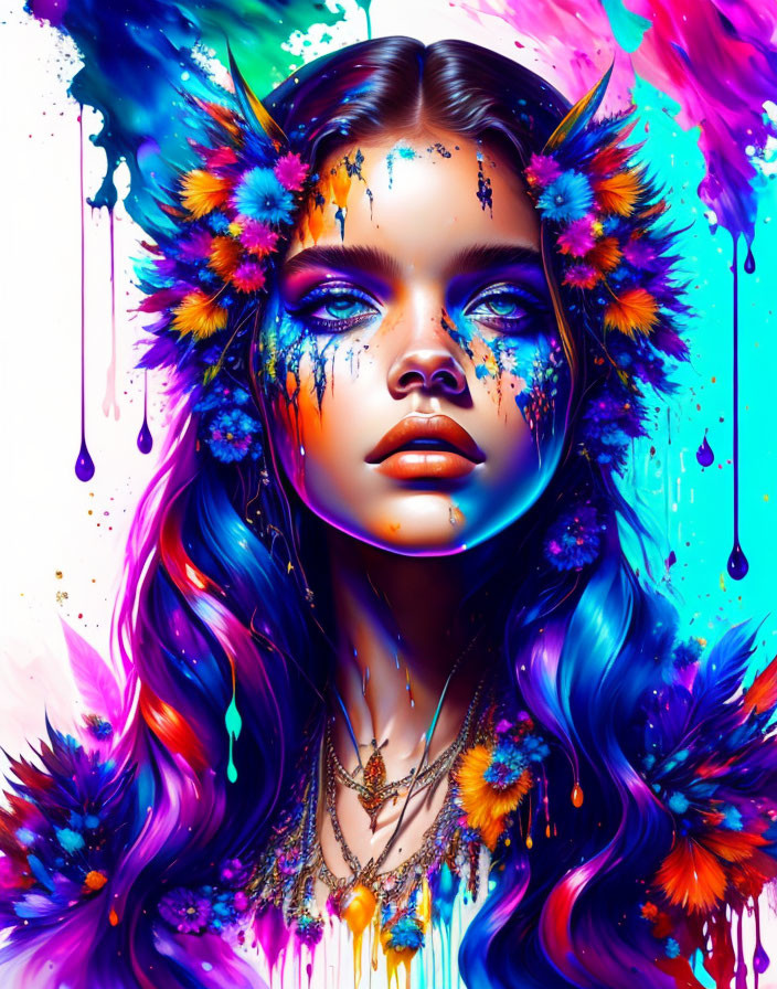 Colorful portrait of a woman with multicolored hair and feathers, face paint, and vibrant paint