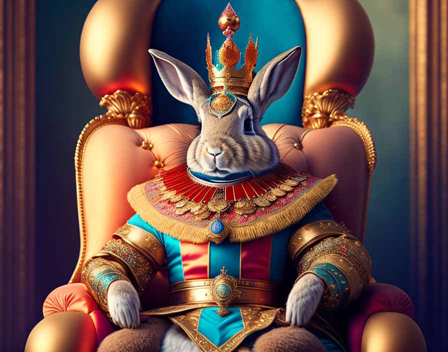 Regal anthropomorphic rabbit in royal attire on throne