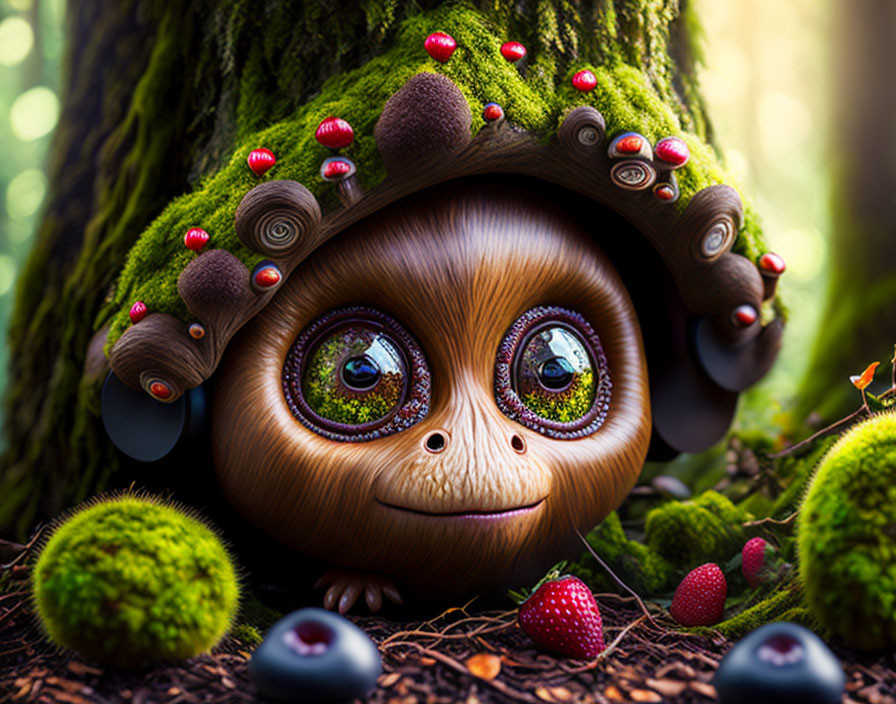 Sparkling-eyed creature in forest setting with mushrooms and berries