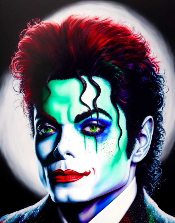 Vibrant portrait with red and black hair, green face, and colorful makeup against halo background