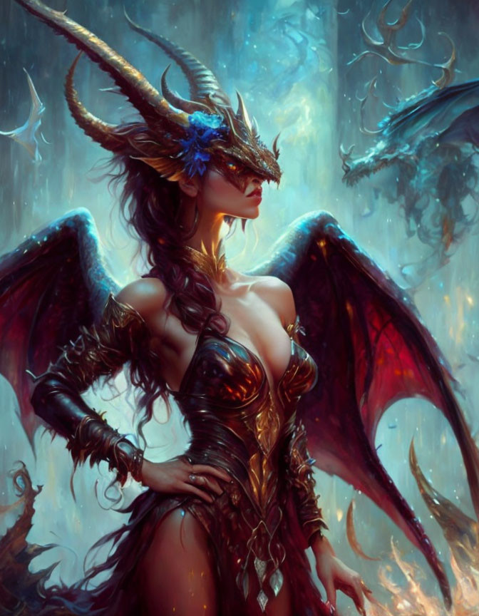 Fantasy figure with horns, wings, and dragons in blue-tinged setting