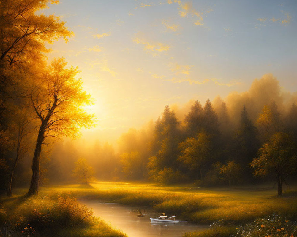 Misty forest sunrise with serene river and ducks