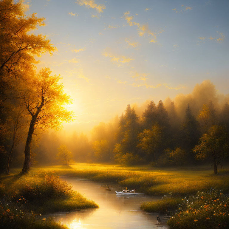 Misty forest sunrise with serene river and ducks