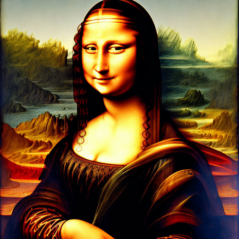 Vibrant Mona Lisa with Golden Surreal Overlay and Fantastical Landscapes