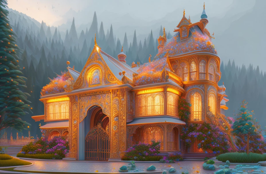 Ornate mansion in lush gardens with mountain backdrop at dusk