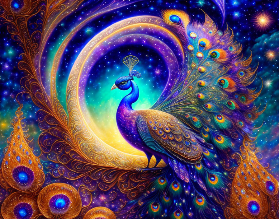 Colorful digital art: Peacock with elaborate tail in cosmic background