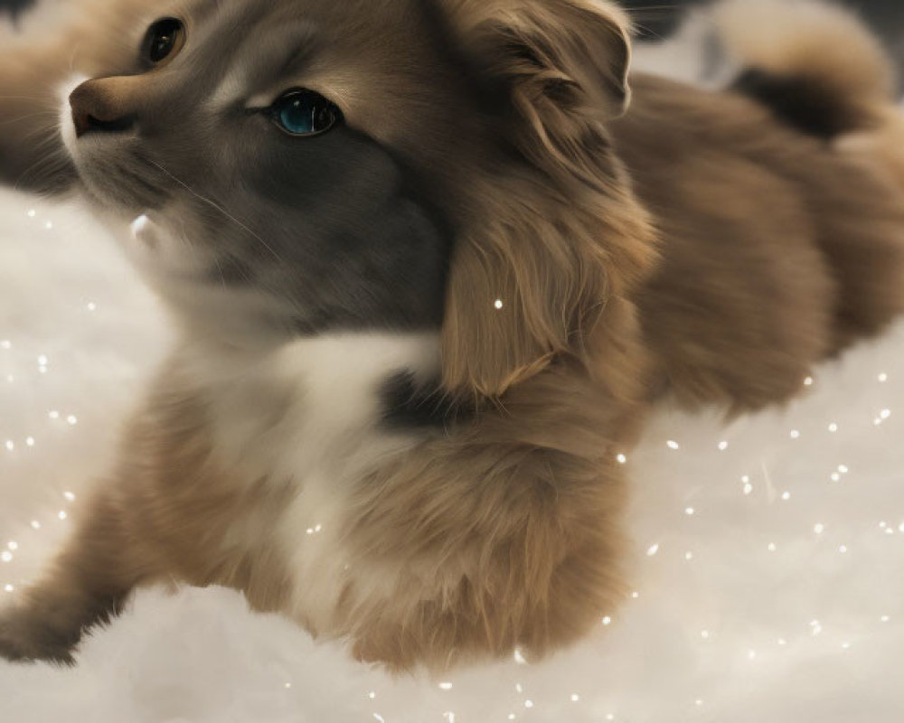 Brown and White Dog with Blue Eyes Lying on Soft White Surface