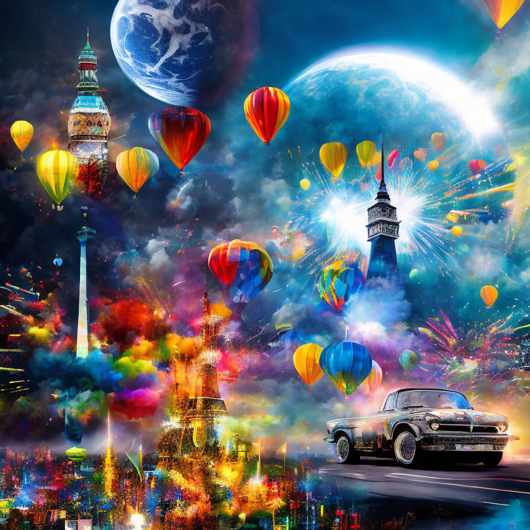 Colorful Surreal Collage of Hot Air Balloons, Landmarks, and Planets