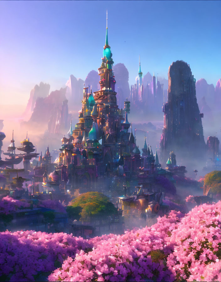 Majestic castle surrounded by pink flowers and misty rock formations