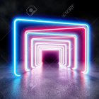 Person standing before surreal multi-layered portal in field of flowers.