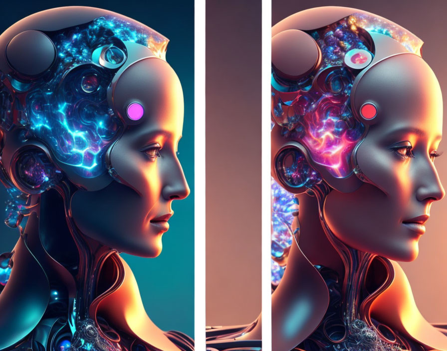 Female Android with Transparent Cranium Revealing Glowing Neural Networks