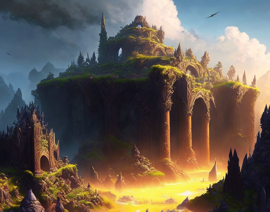 Floating Island with Ancient Ruins and Golden River Amidst Towering Cliffs