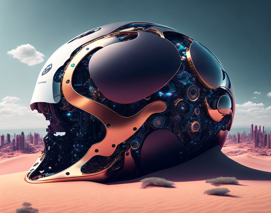 Intricate futuristic helmet on desert landscape under pink sky