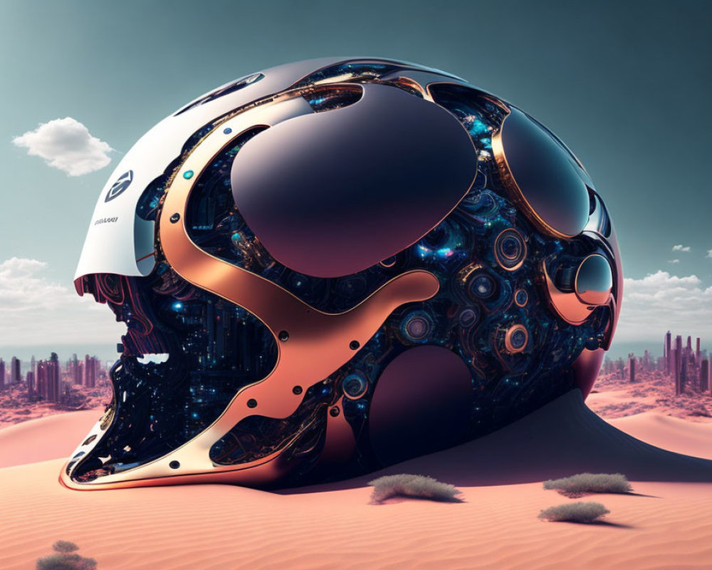 Intricate futuristic helmet on desert landscape under pink sky