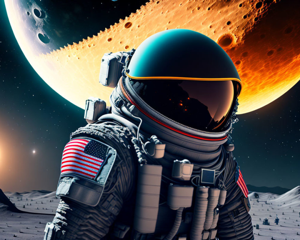 Astronaut in space suit on moonlike surface with planet and moon in background