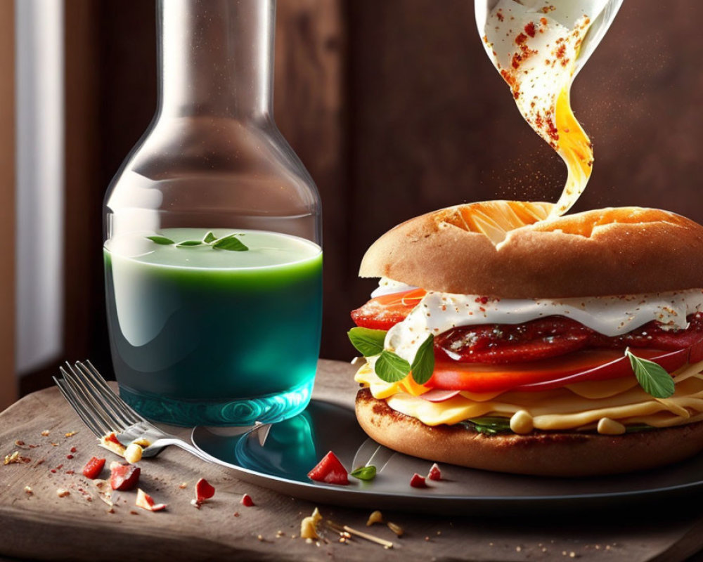 Gourmet sandwich with toppings and condiments, paired with blue-green layered beverage on wooden surface