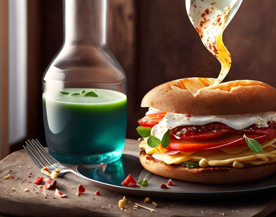 Gourmet sandwich with toppings and condiments, paired with blue-green layered beverage on wooden surface