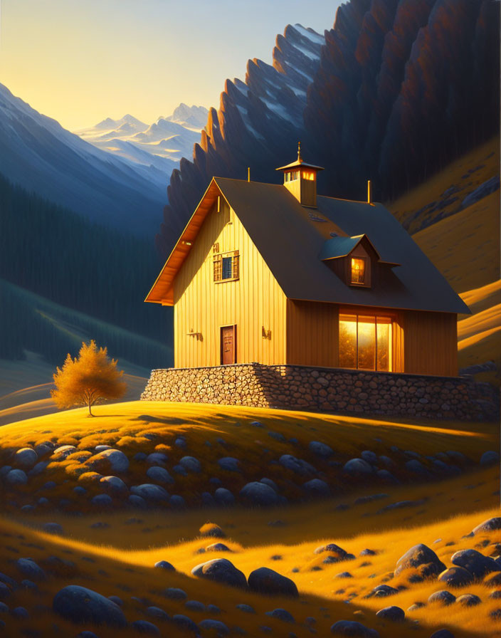 Cozy illuminated cabin in serene autumn landscape