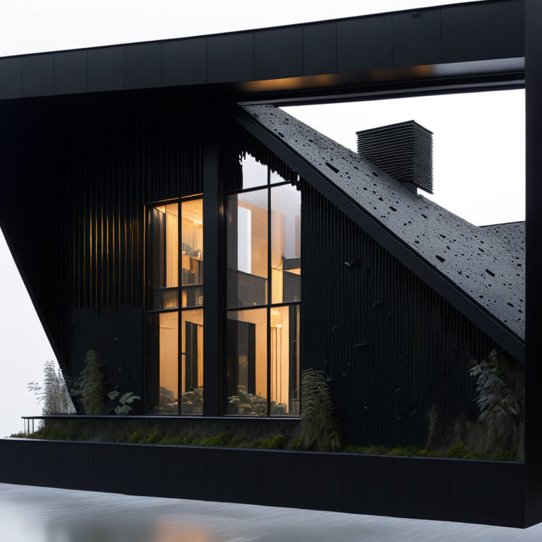 Contemporary Black Angular Facade House with Large Windows and Exterior Lighting