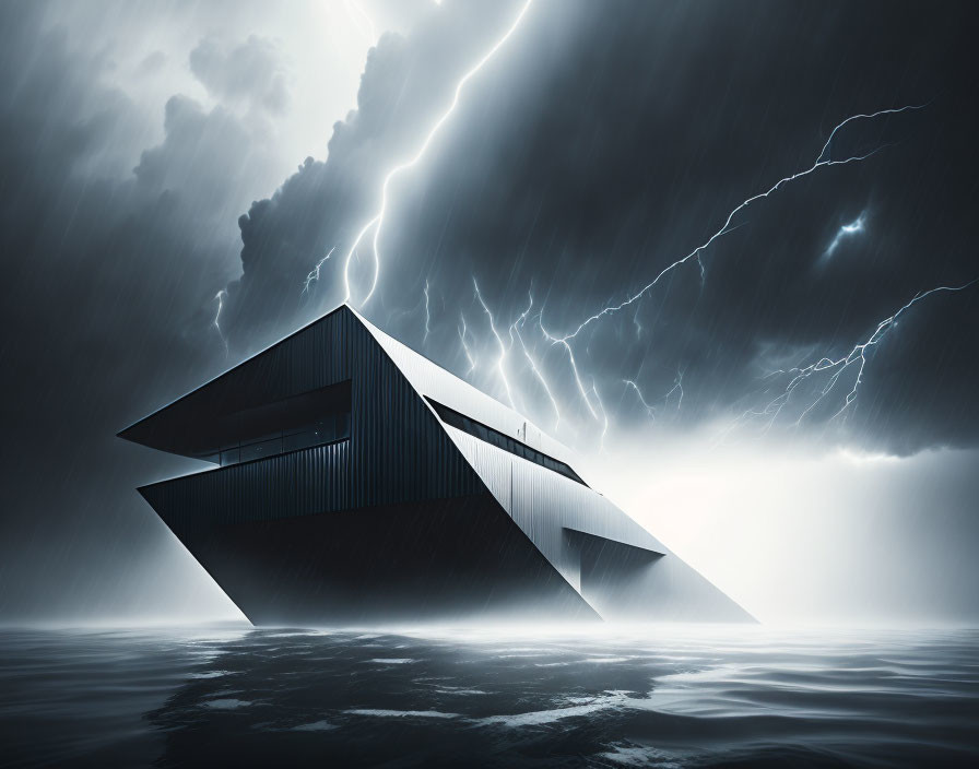 Modern Angular Building on Water Under Stormy Sky with Lightning Bolts