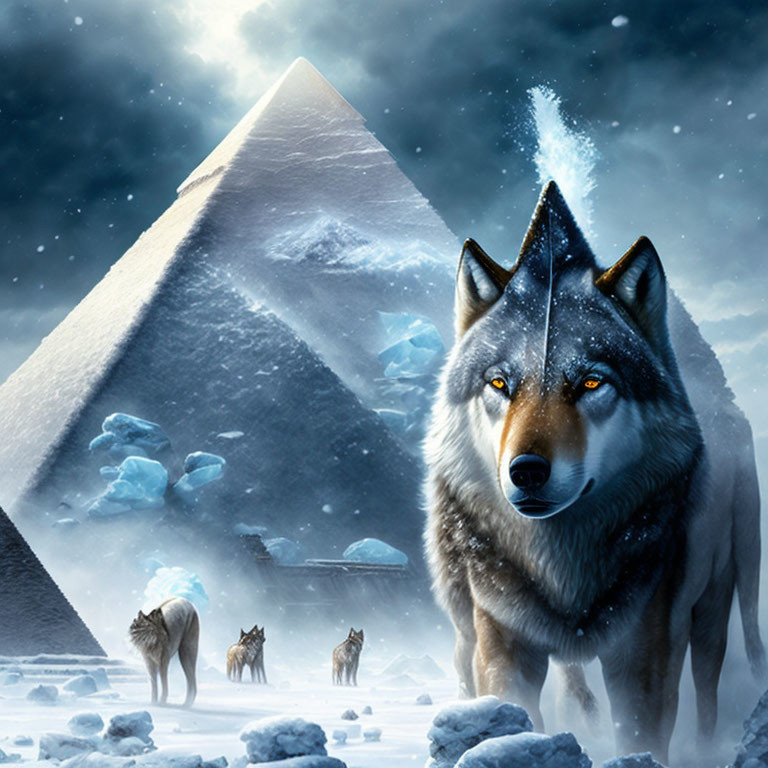 Four wolves in snowy landscape with illuminated pyramid