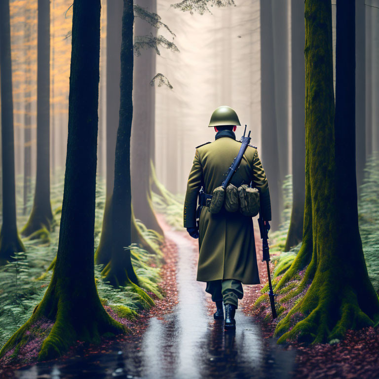 Vintage military soldier walking in misty forest with rifle.