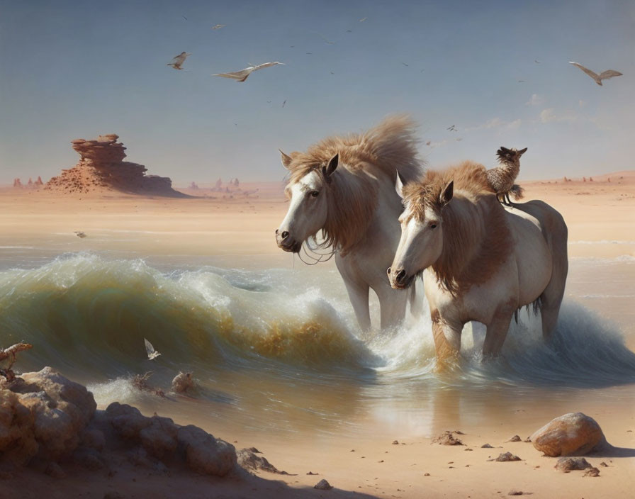 White horses in desert with wave, birds, and rocks