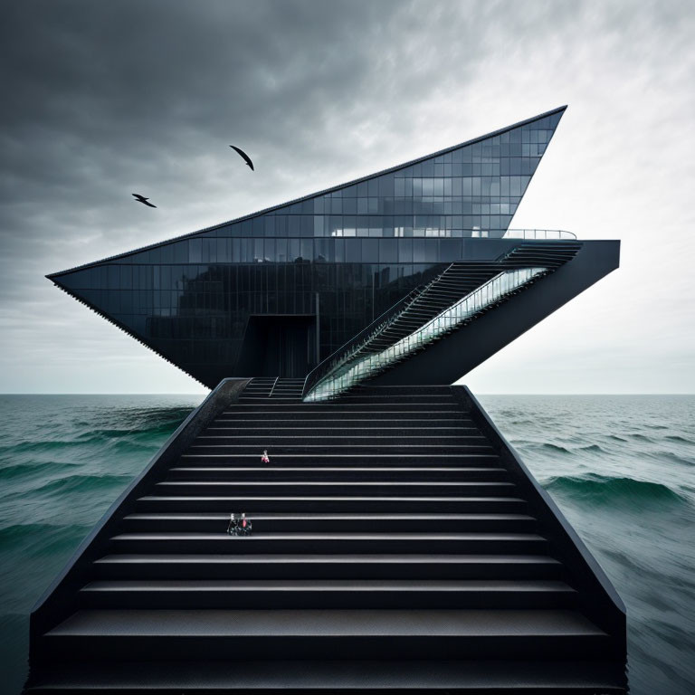 Architectural structure resembling a ship with grand staircase against stormy sea and cloudy sky.