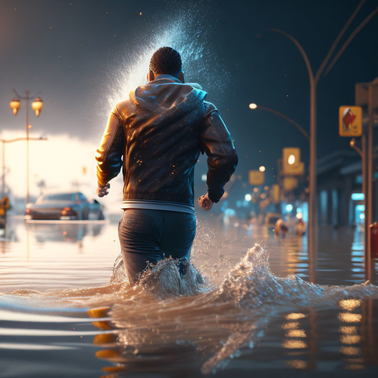 Person wading in flooded street at night with submerged cars, illuminated by street lights