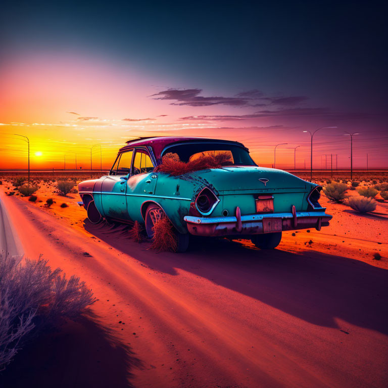 Vintage teal and rust car abandoned in desert at sunset with purple skies and orange horizon