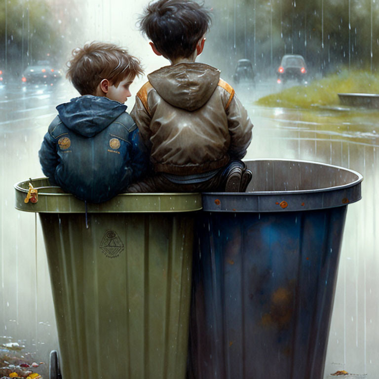 Two boys sitting on garbage bin in rain, watching passing cars