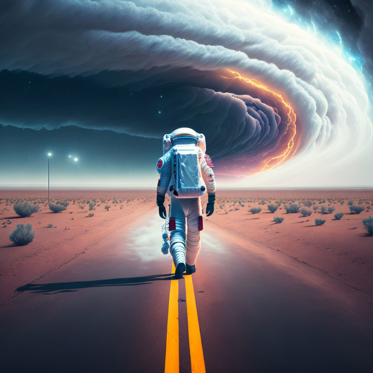 Astronaut walking on deserted road under swirling galaxy sky