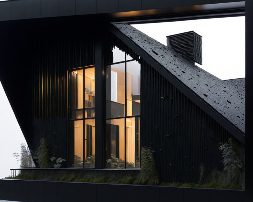 Contemporary Black Angular Facade House with Large Windows and Exterior Lighting