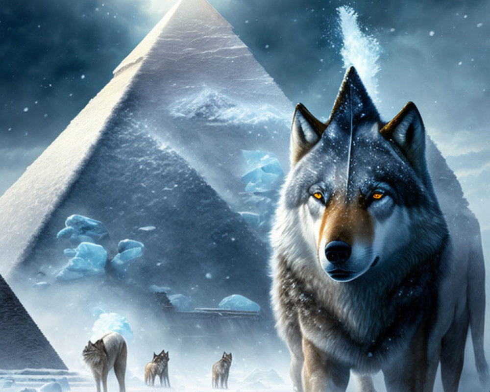 Four wolves in snowy landscape with illuminated pyramid