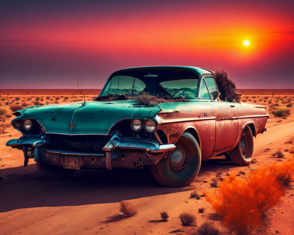 Abandoned vintage rusted car in desert sunset scene